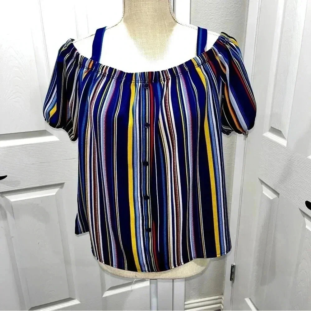Chocolate Off shoulder thin strap button front blouse with puff sleeves ,striped